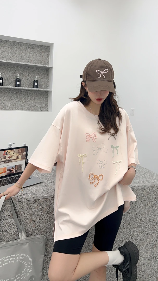 2025款夏季新款双面棉彩色欧韩版刺绣亮片蝴蝶结透气吸汗T恤