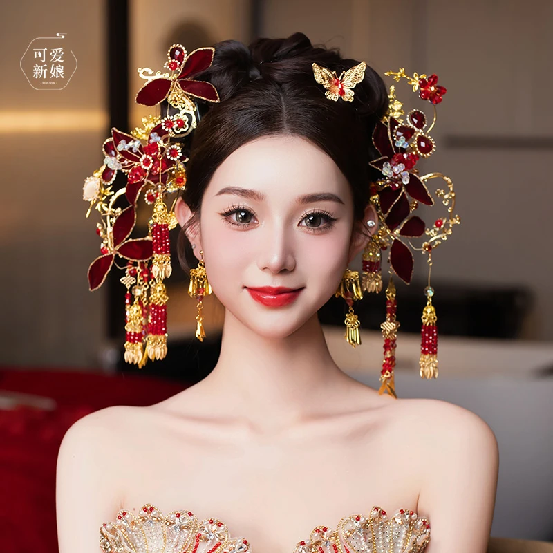 中式新娘秀禾头饰高级感红金丝绒水晶发簪龙凤褂造型发饰20250324