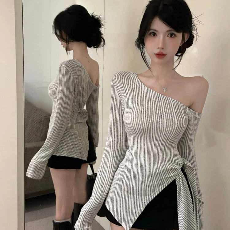 法式不规则设计小众斜领竖纹理长袖女秋季辣妹修身显瘦系带上衣