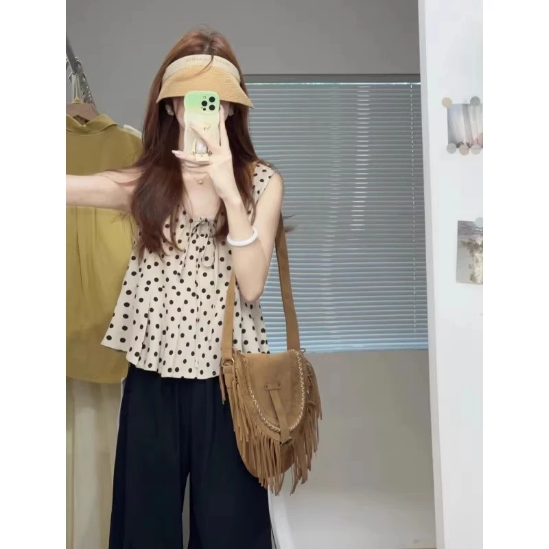 夏季小衫波点背心无袖森系气质成熟御姐法式独特小上衣衬衫套装女