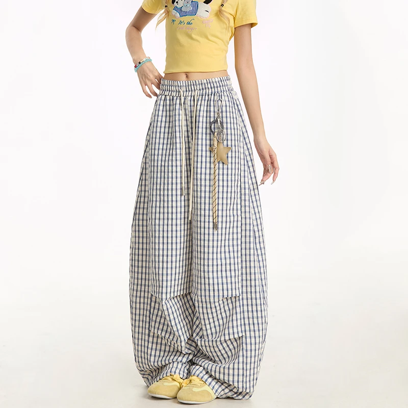 大码格子裤慵懒感休闲弯刀裤男女秋潮ins星星挂饰阔腿裤宽松长裤