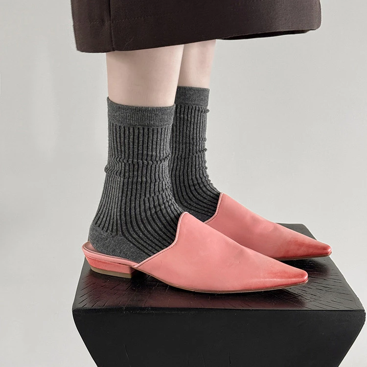 头层牛皮~3cm半拖时尚法式复古包头拖舒适柔软透气百搭尖头凉拖鞋