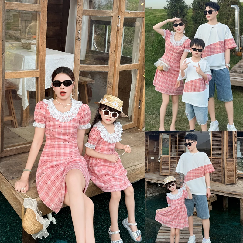 蓝色格子碎花裙三亚度假短袖亲子连衣裙夏季显瘦温柔风母女装8918