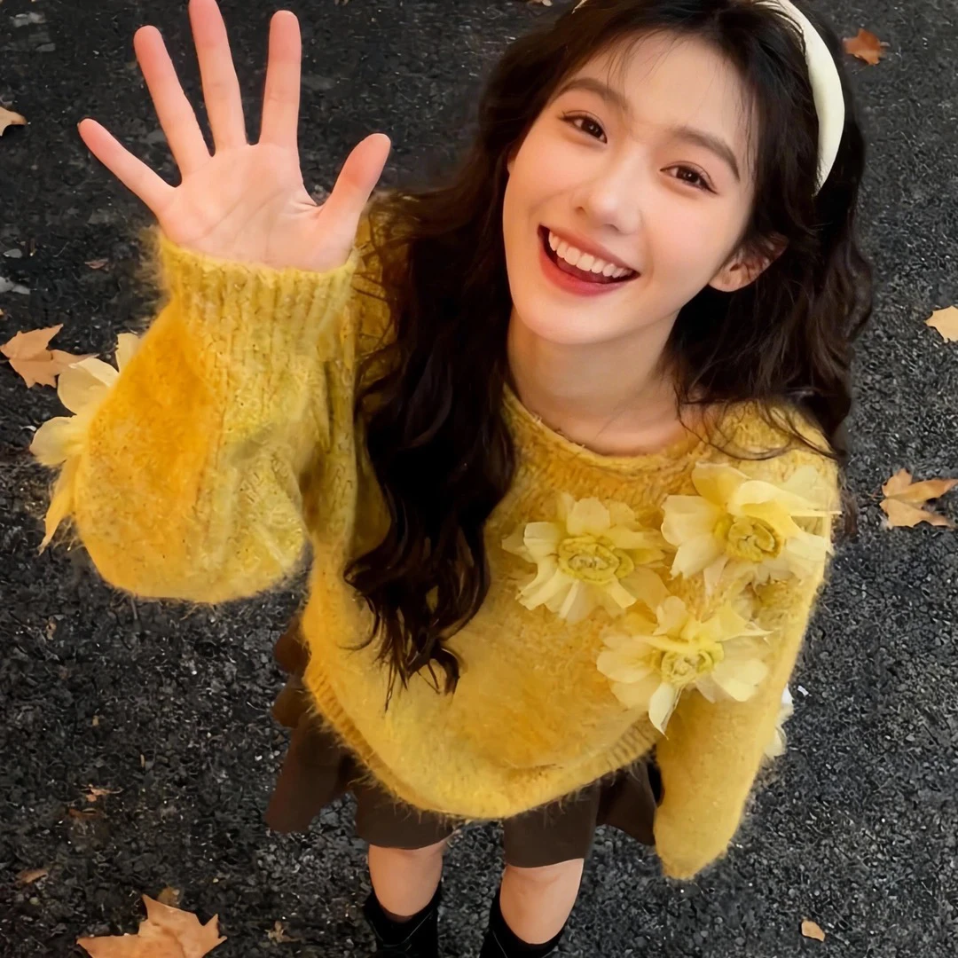 2025温柔气质针织衫法式立体花朵套头毛衣女秋冬胖妹妹高级感