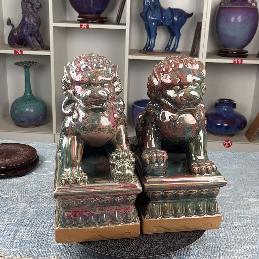 瓷片狮子一对柴烧大师作品