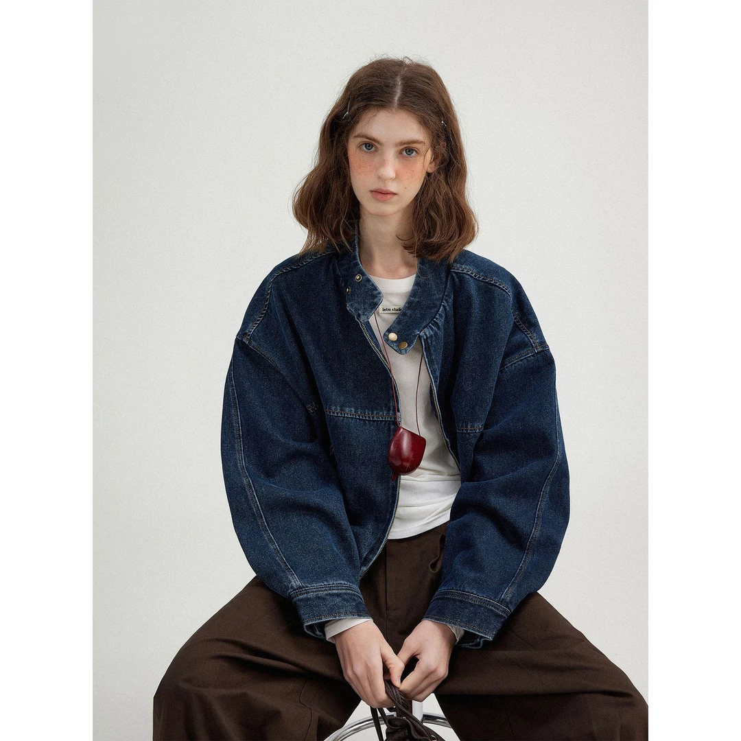 复古单宁水洗牛仔立领小版型短款牛仔夹克潮流休闲秋季春秋外套