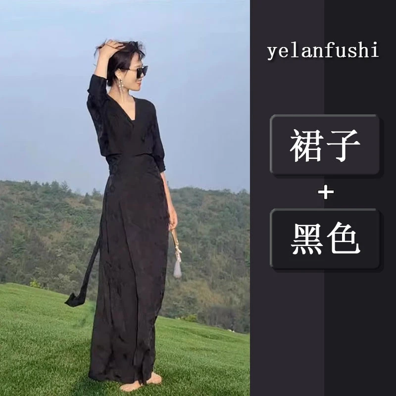 新中式女装国风改良旗袍高端精致清冷感禅意古风黑色连衣裙子春季