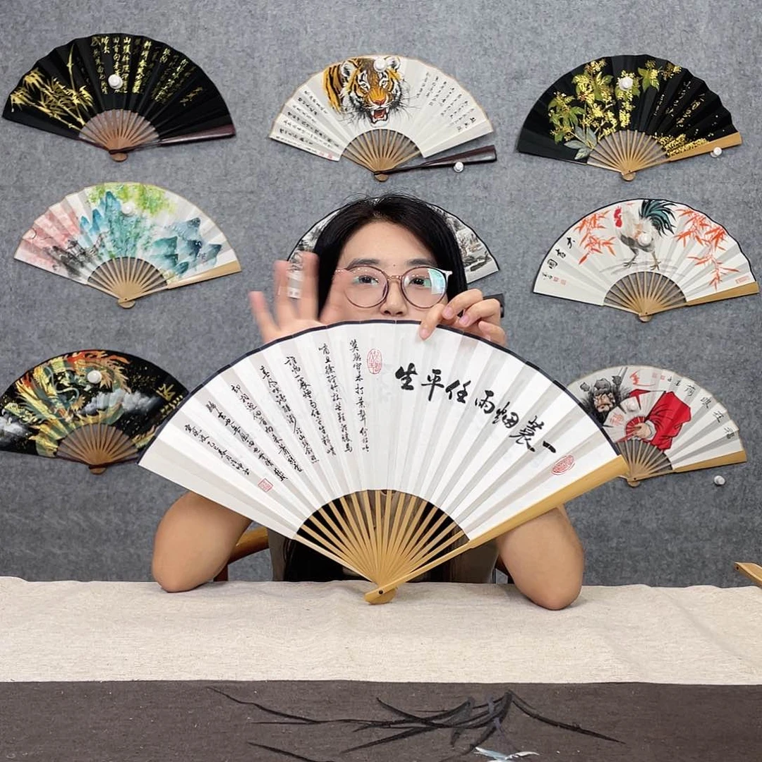 国画95寸水磨玉竹纯手绘-文玩扇骨（默认粘好）