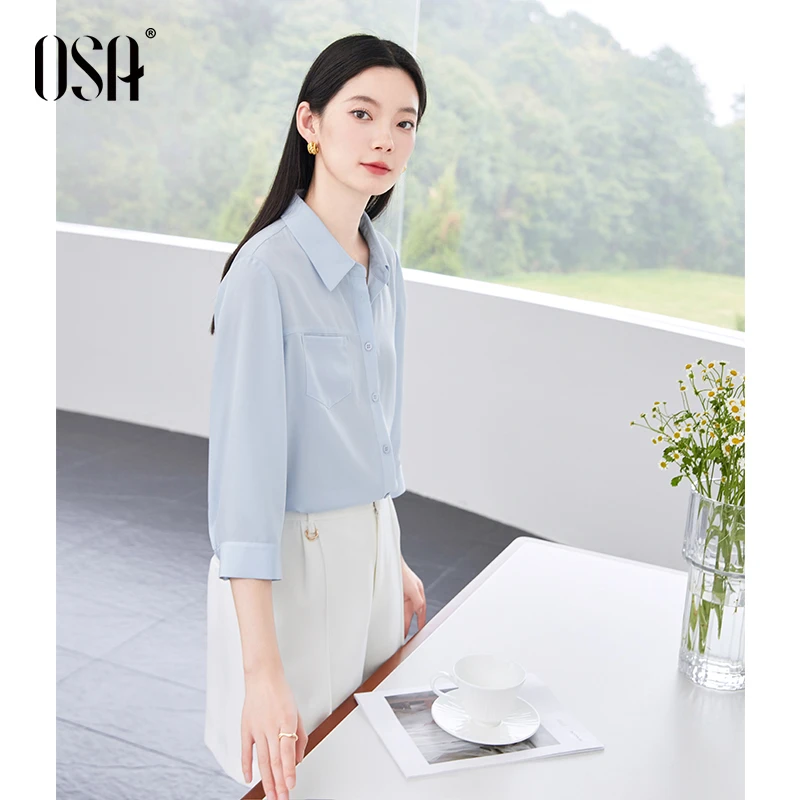 OSA/欧莎 七分袖蓝衬衫女上衣夏季新款宽松百搭衬衣S125B12006