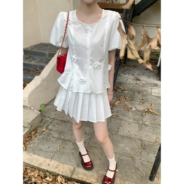 【赵小小&珍妮告白】28950 夏季韩版立体花朵压褶黑色气质百搭上衣