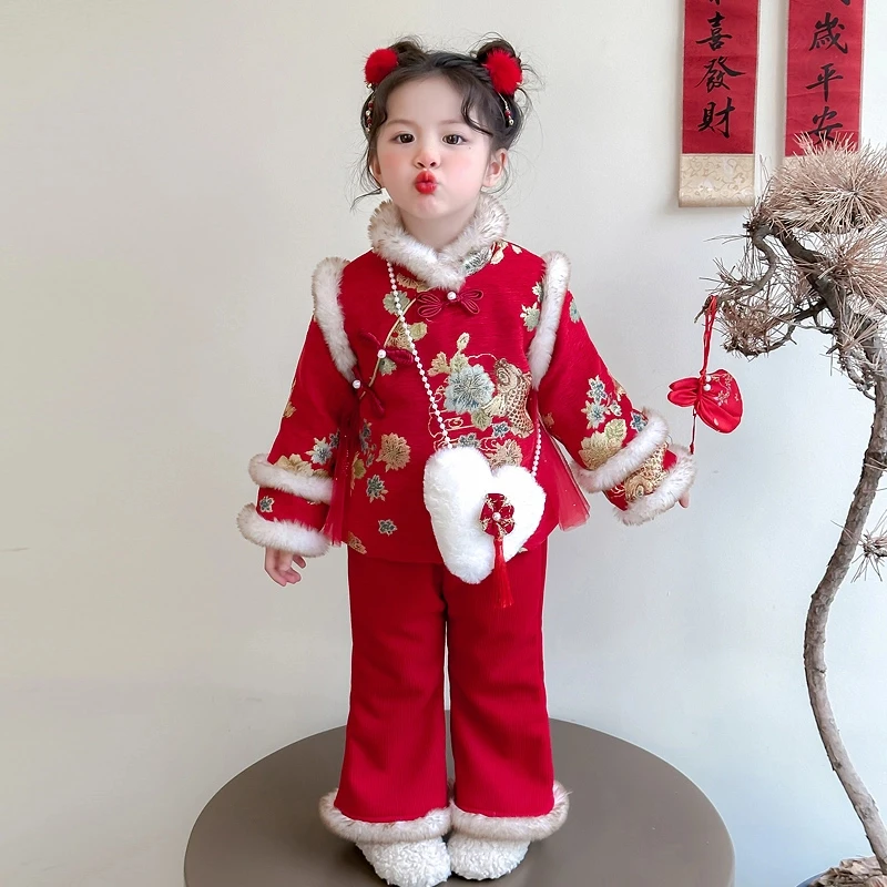 拜年服女童周岁礼服宝宝过年喜庆衣服冬季儿童唐装国风新年装套装