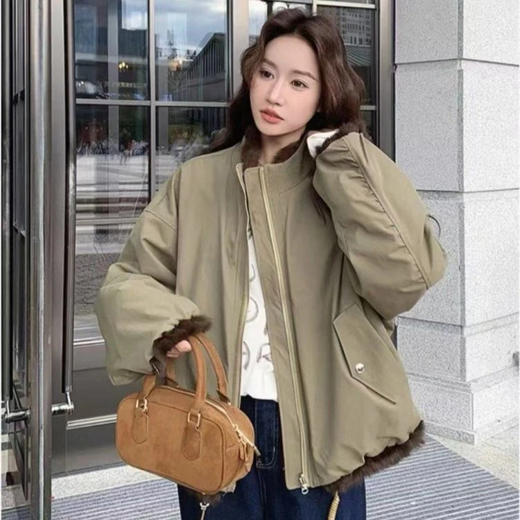 加绒加厚两面穿派克服外套2025新款女冬短款韩系毛绒工装夹克棉服