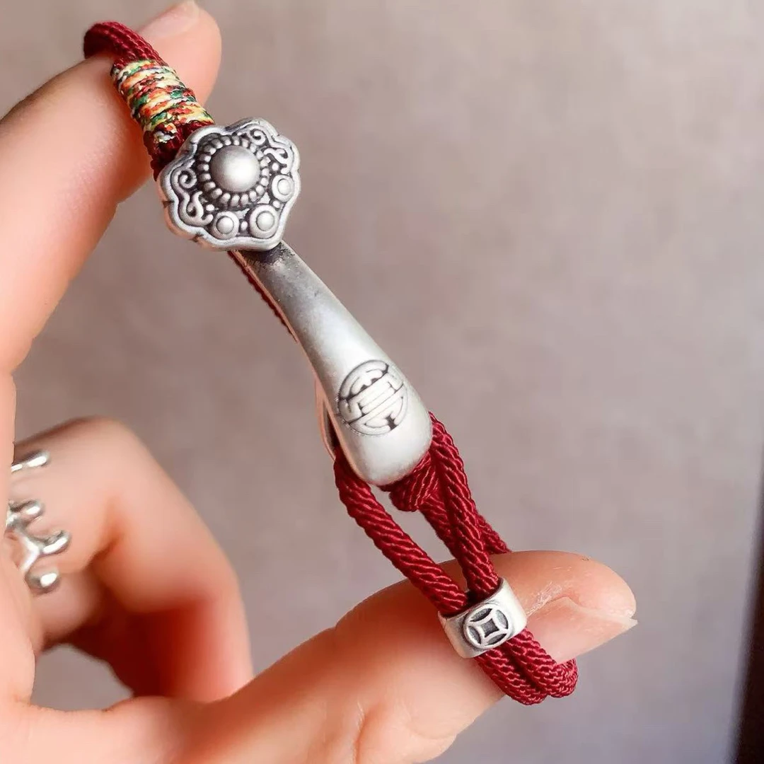 925银手链 足银如意酒红绳可调节民族风复古绳编素款手编男女款