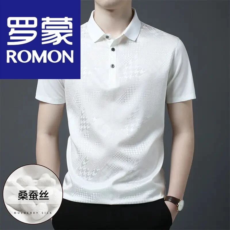 罗蒙罗蒙桑蚕丝短袖T恤男士夏季高档丝绸翻领真丝上衣高端印花pol