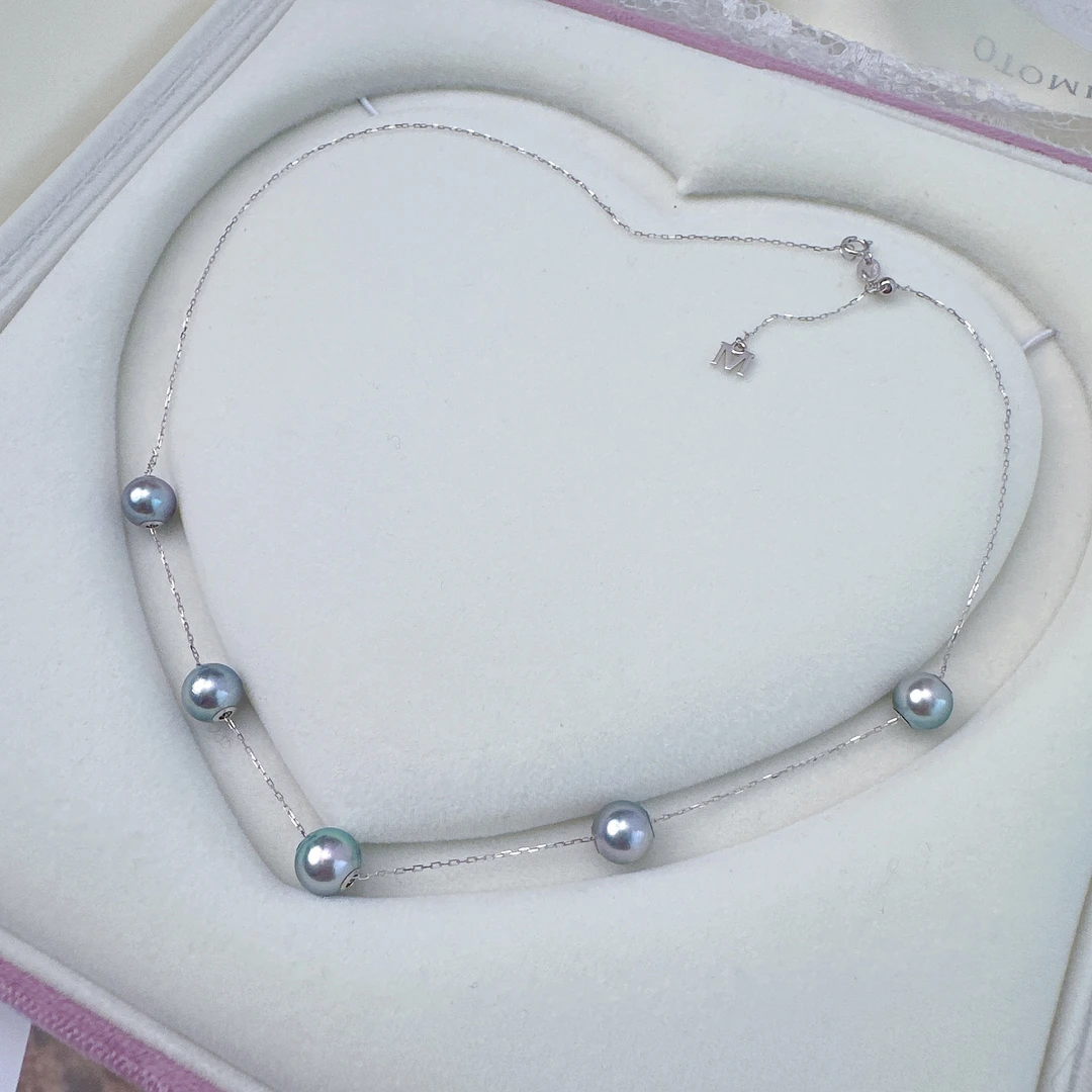 Akoya银蓝灰五珠M字链7.5-8mm