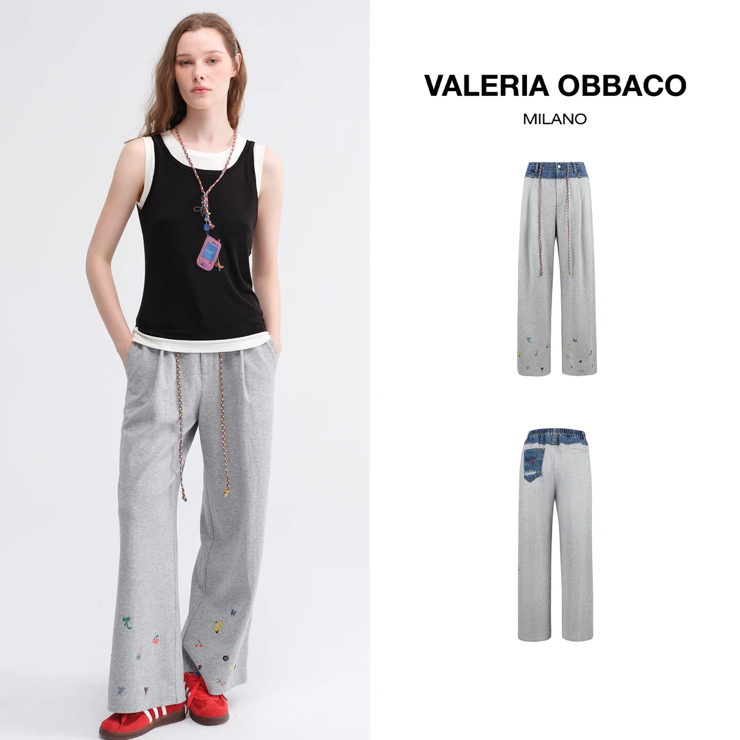 VALERIAOBBACO/瓦莱丽娅 奥贝科潮牌牛仔拼接休闲裤印花灰色卫裤
