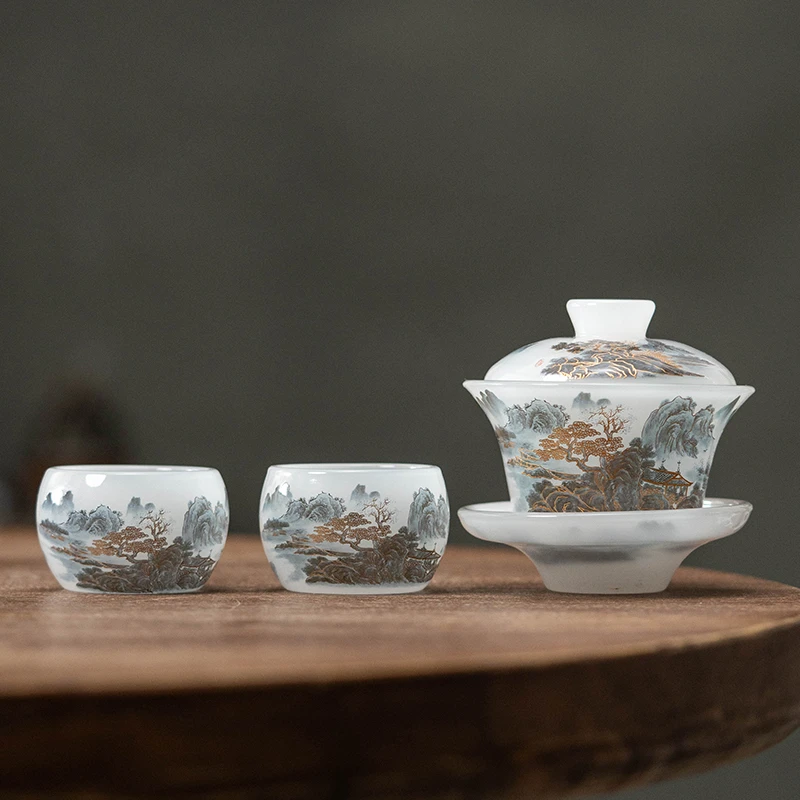 【闪购商品】水墨山水琉璃茶具套装一盖碗两杯 1804