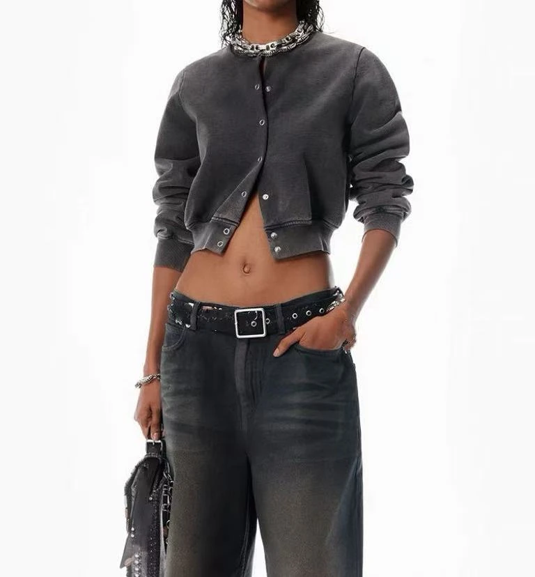 经典刺绣短款高腰做旧色按扣开衫潮流百搭时尚25100744