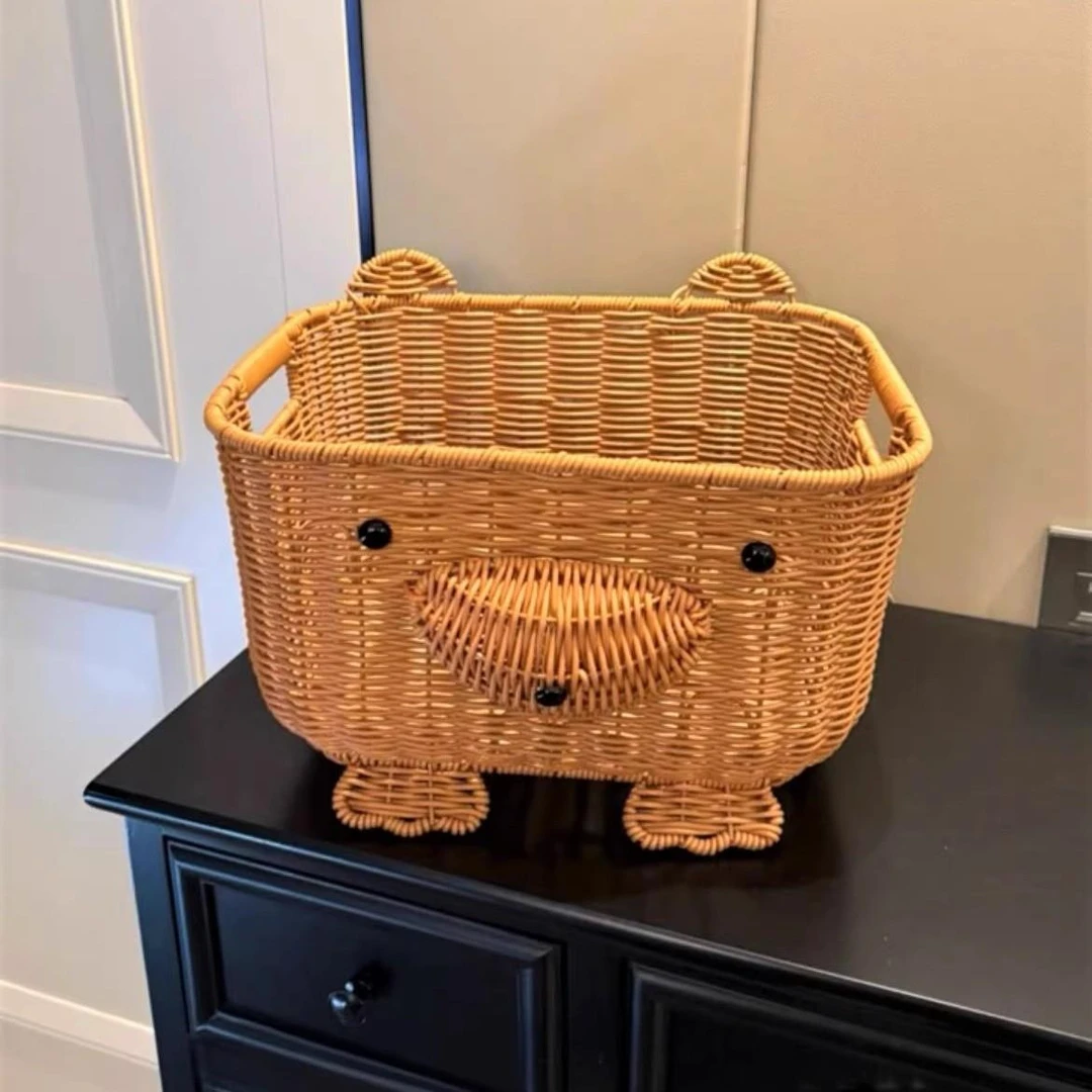 可爱小熊仿藤编收纳筐零食玩具水果篮手工编织桌面杂物储物收纳盒