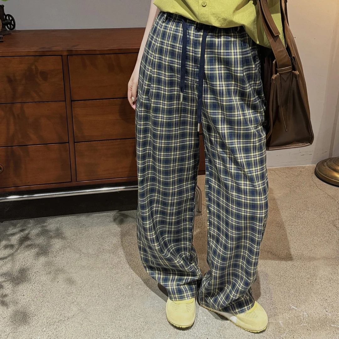 今婷格子休闲裤女装爆款2025新款夏季薄款阔腿直筒裤子-M25102368