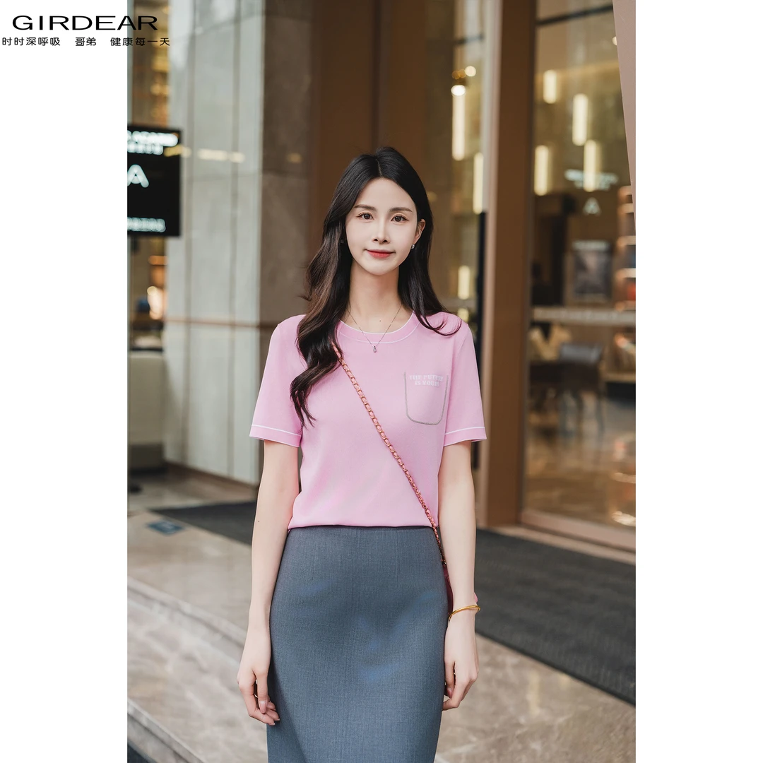 GIRDEAR/哥弟春夏新款时尚简约圆领短袖薄款针织T恤上衣女1399707