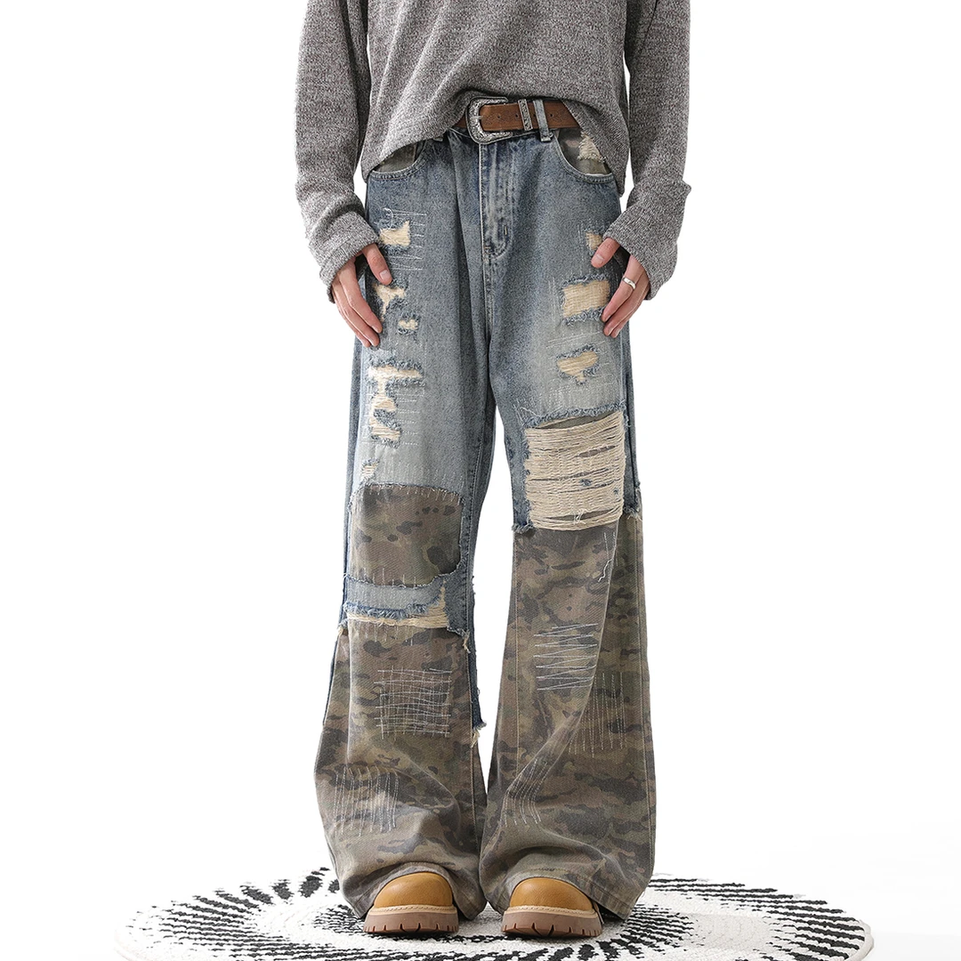 MONOLOGE牛仔裤男潮牌破洞拼接牛仔裤男潮牌复古高街直筒长裤裤子