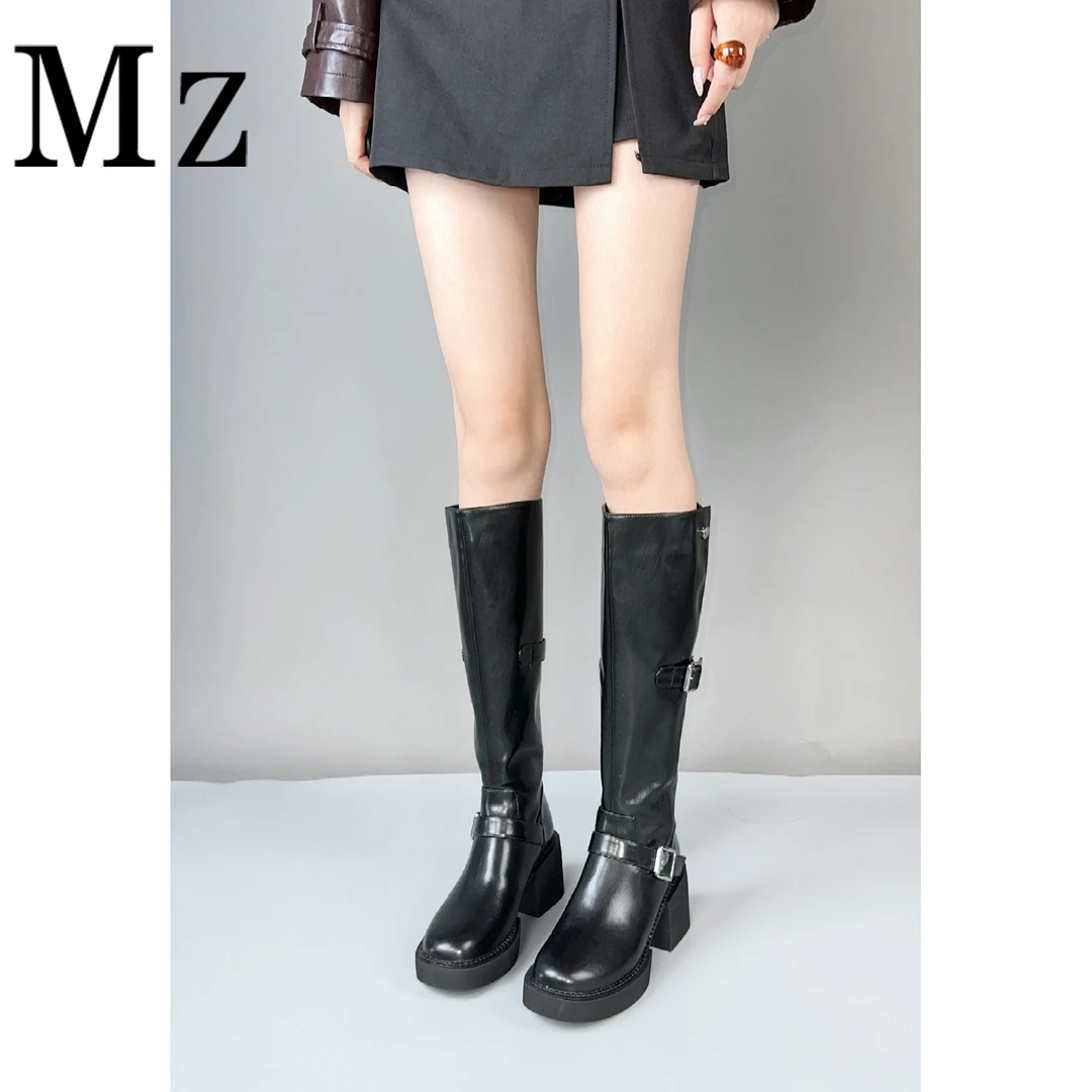 Mr.Zheng/6.5cm/真皮长靴皮带扣骑士靴粗跟高跟秋冬高筒女靴子