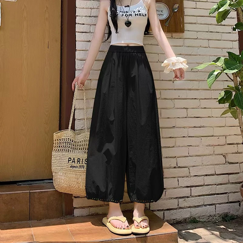 冰丝休闲裤夏女松紧高腰宽松阔腿裤裤子夏季速干花边九分灯笼裤