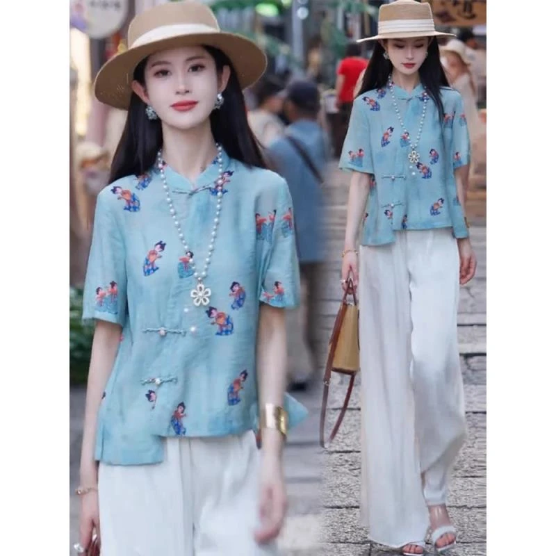 新中式时尚套装女夏季洋气减龄显瘦盘扣印花短袖上衣阔腿裤两件套