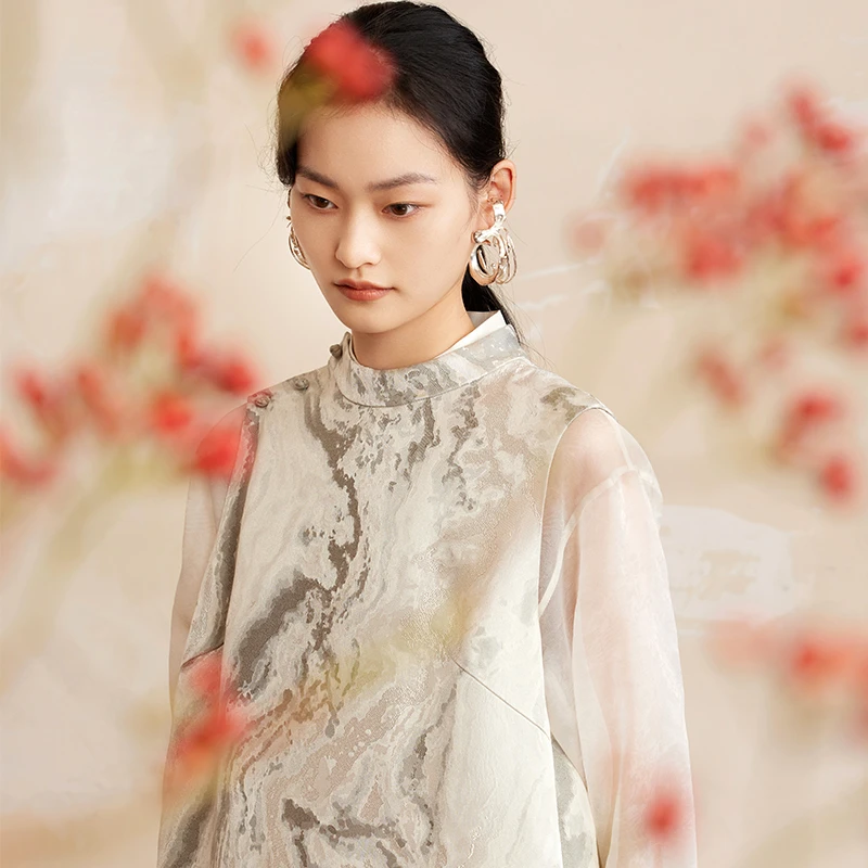 如意连云2025新年款偏襟无袖提花连衣裙女新中式国风盘扣口袋裙子