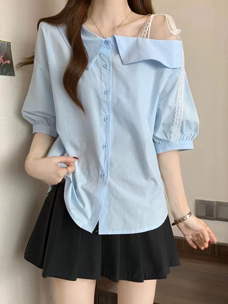 （非主图）设计感女装韩版时尚蓝色钩花刺绣衬衫夏季短袖吸汗