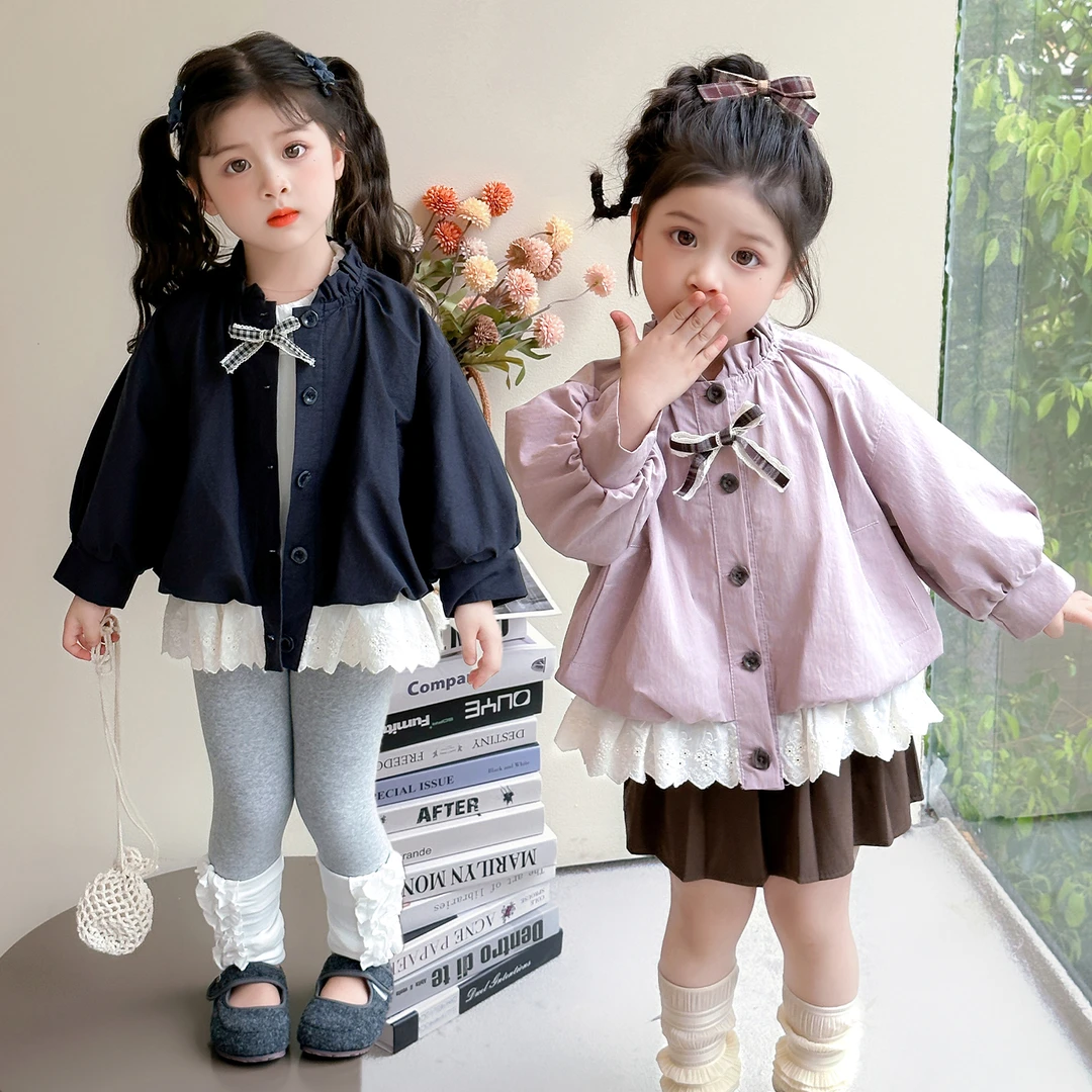 女童外套春秋款2025新款儿童时髦洋气蕾丝边拼接上衣女孩秋装夹克