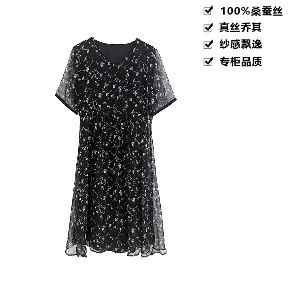100桑蚕丝连衣裙真丝乔其暗夜花影印花桑蚕丝连衣裙LYQB11