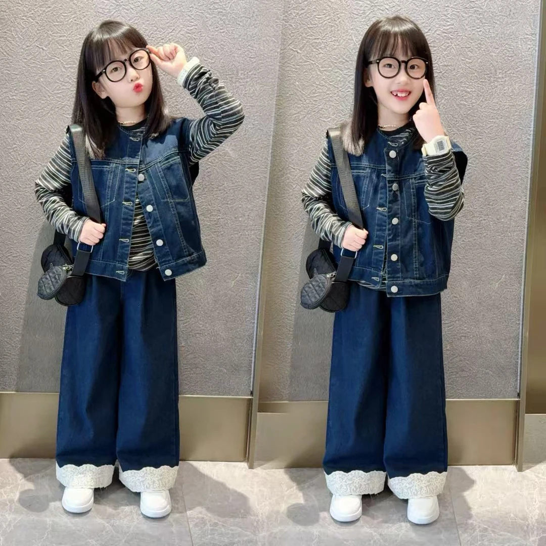女童牛仔马甲套装2025新款韩版儿童洋气条纹打底花边阔腿裤三件套