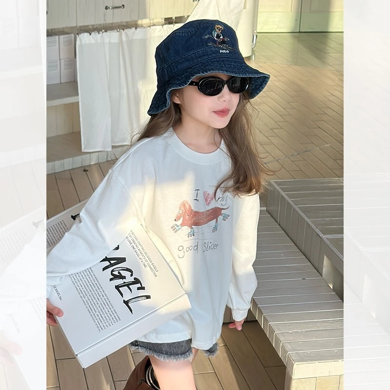 SKA2549女童韩版时髦卡通长袖T恤春装新款腊肠狗圆领白色上衣潮