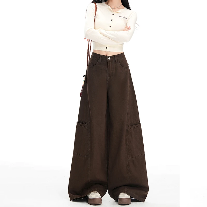 美拉德咖色阔腿工装牛仔裤女秋季新款设计感宽松直筒弯刀休闲裤子