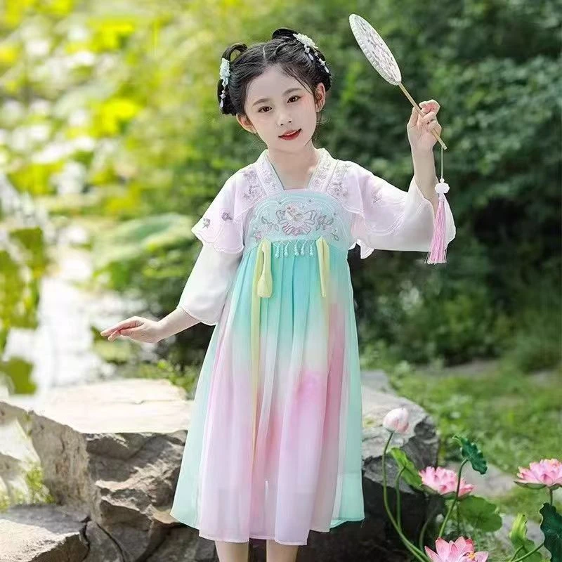 2106女童汉服裙彩色重工短袖汉服裙