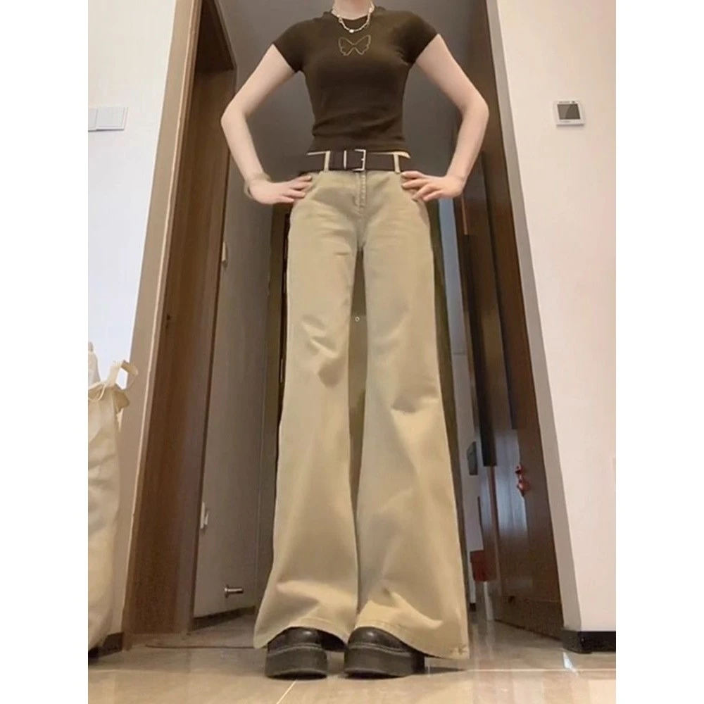 美式复古微喇牛仔裤女秋季低腰不贴腿卡其色百搭垂感阔腿裤子