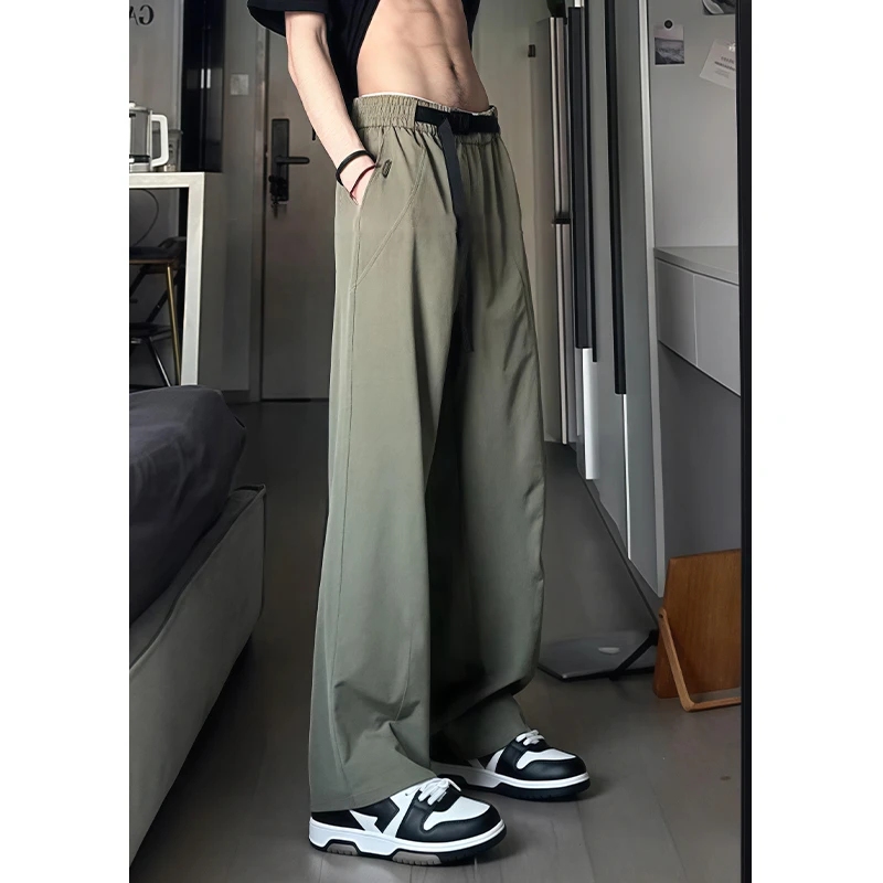 军绿色冰丝速干裤子男夏季薄款凉感工装裤美式卡扣腰带休闲直筒裤