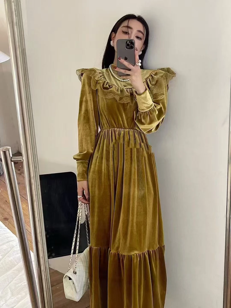 荷叶边收腰褶皱连衣裙法式泡泡袖长裙长袖时尚复古宫廷风
