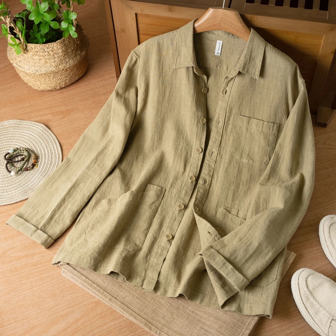 ICCLEK苎麻衬衫男长袖秋季新款宽松百搭休闲棉麻衬衣开衫薄外套男