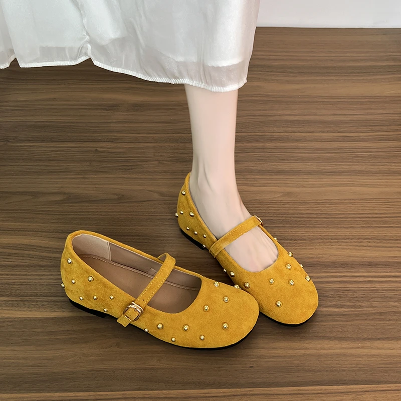 羊皮版~仙女风圆头玛丽珍鞋女浅口一字扣铆钉单鞋温柔气质晚晚鞋