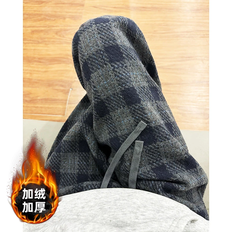 毛呢格子裤子男款秋冬慵懒风加绒加厚重磅磨毛裤子显瘦直筒休闲裤