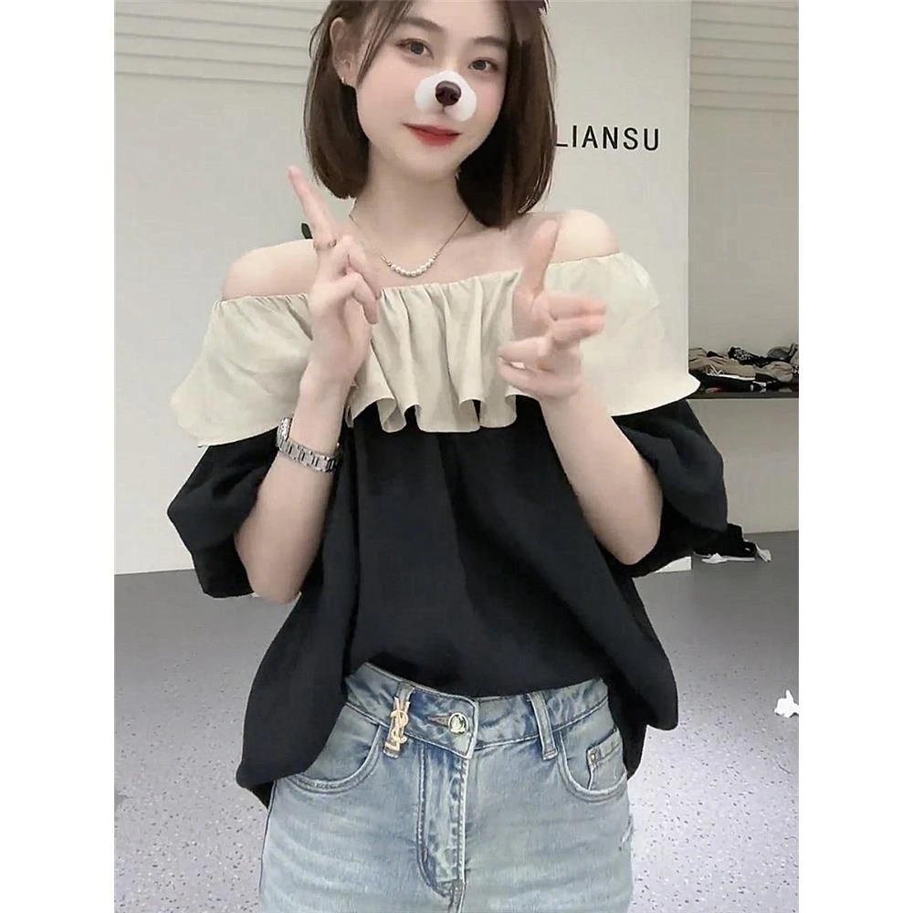 荷叶边一字领半袖衬衫女夏季新款欧货超仙甜美宽松显瘦休闲上衣潮