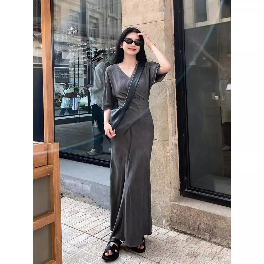 复古时尚显瘦一片式V领短袖连衣裙女夏季设计感交叉绑带收腰长裙