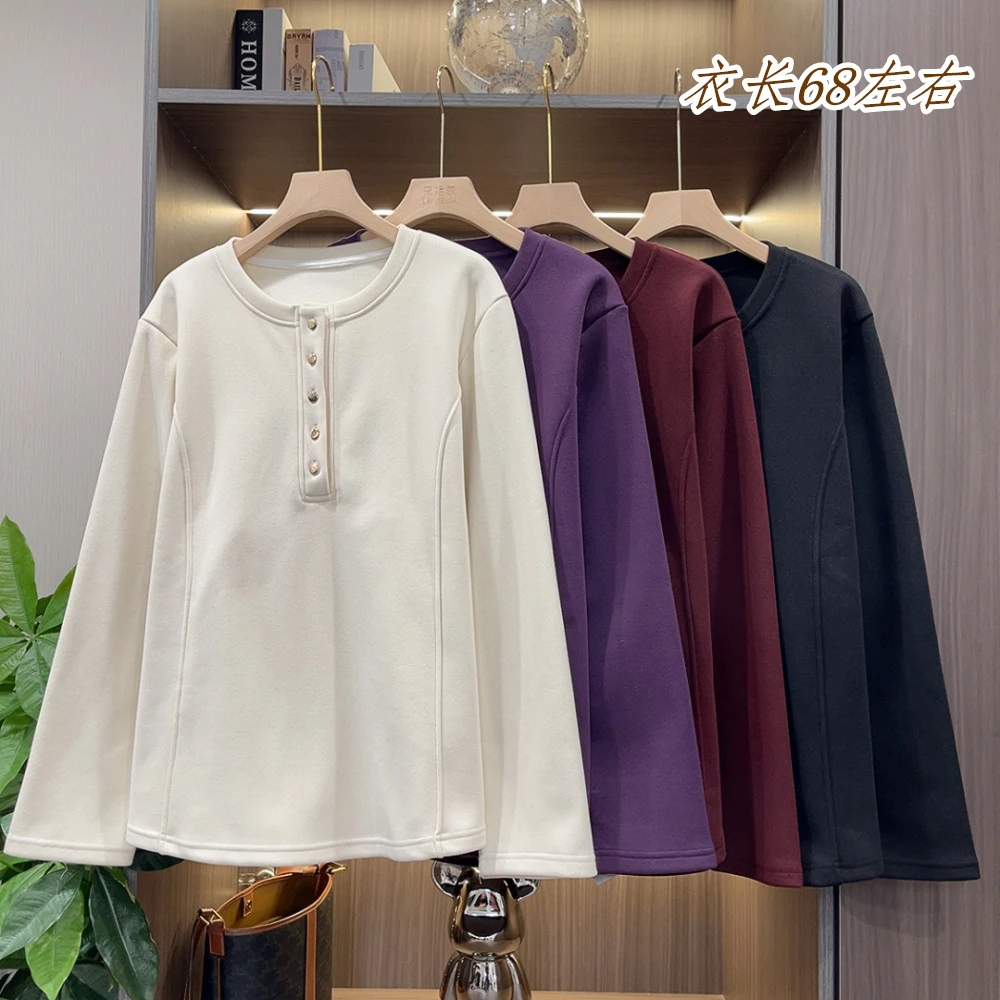 百搭显瘦净版纽扣半开领磨毛绒打底衫T恤卫衣