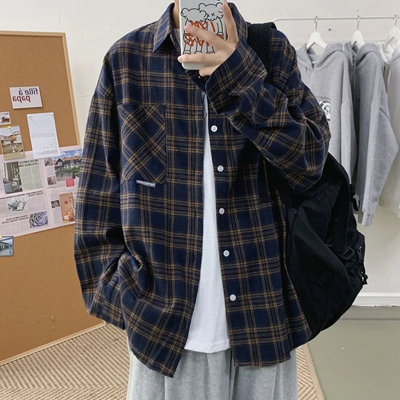 格子长袖衬衫男春秋宽松韩版潮学生休闲港风复古外穿帅气衬衣外套