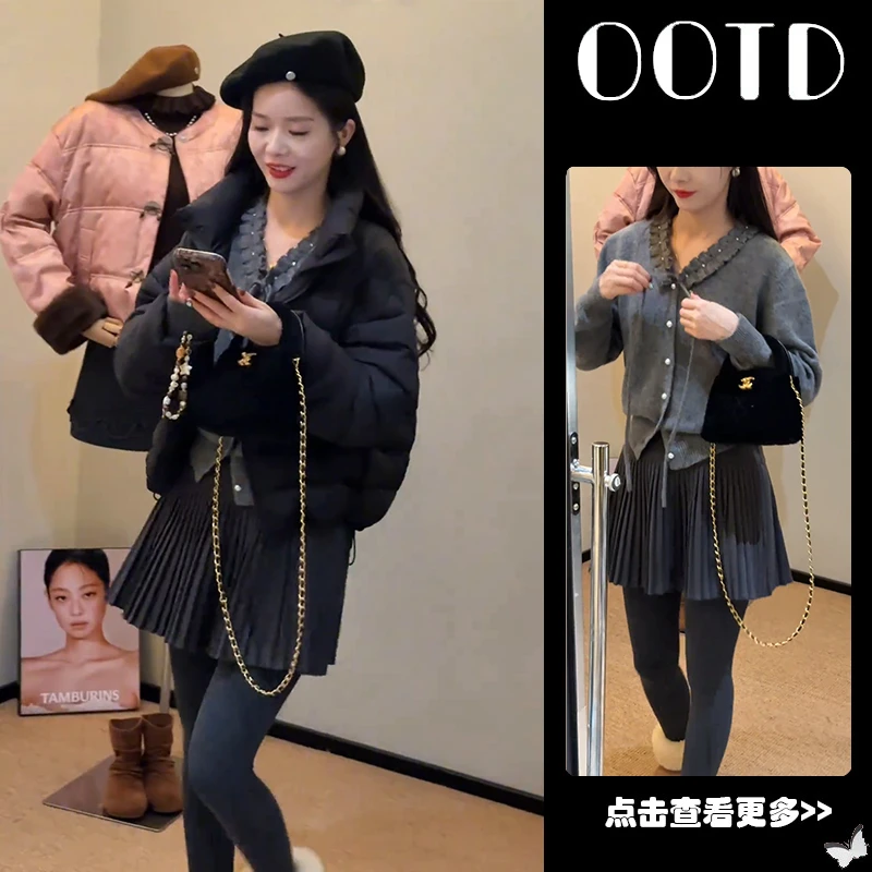 超火早秋穿搭一整套女2025新款黑色棉服花边针织衫百褶裙三件套