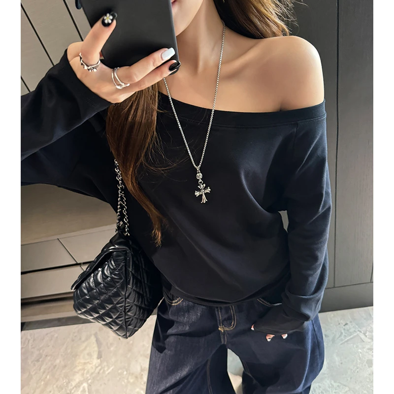 春秋一字肩长袖t恤上衣女基础百搭辣妹斜肩宽松外穿高级感打底衫