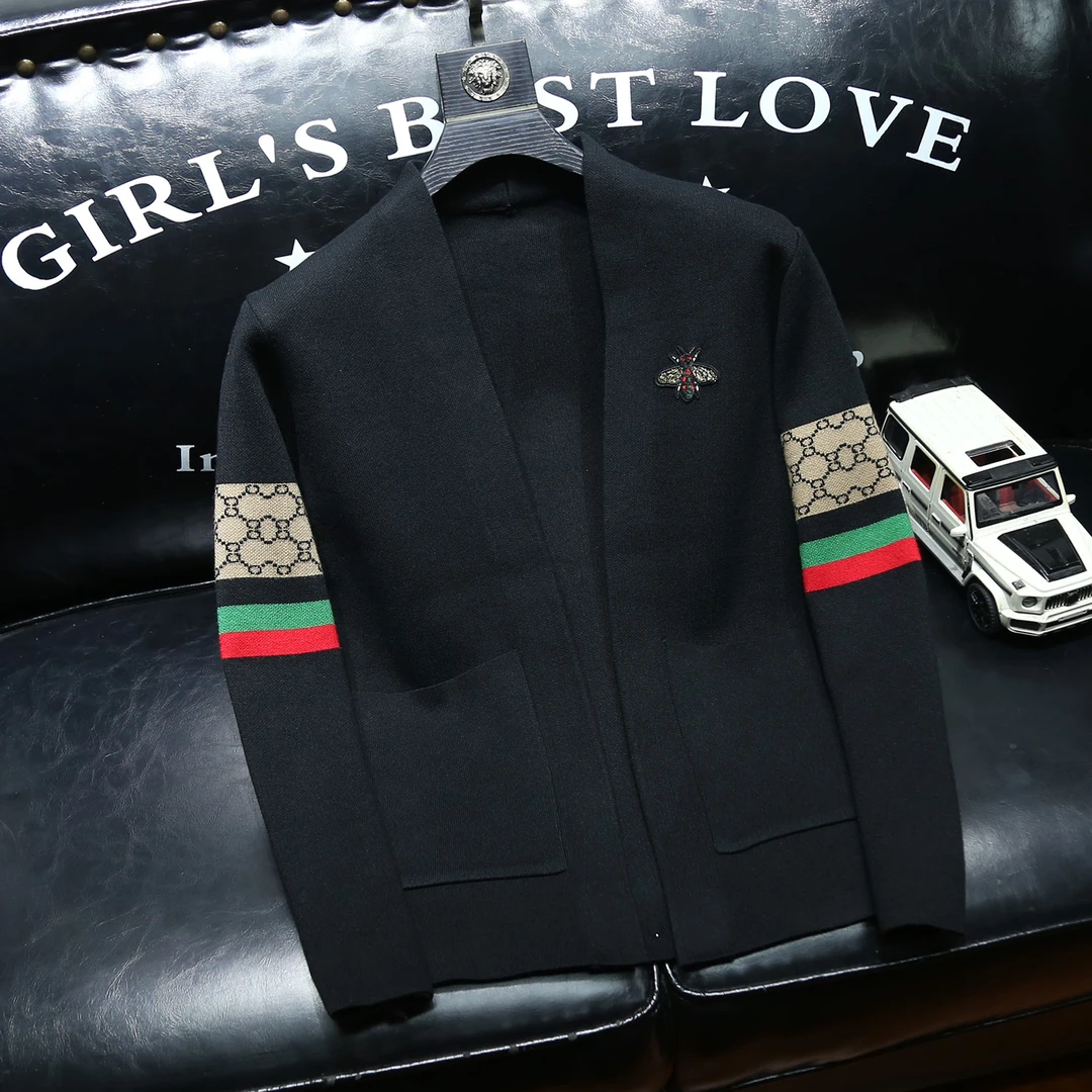 肯梅灵列欧洲站高品质潮小蜜蜂提花刺绣修身无领针织毛衣开衫外套